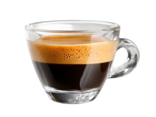Espresso Shot in a Glass: A close-up shot of a rich, aromatic espresso, expertly brewed and served in a clear glass, showcasing the perfect crema and a dark, inviting base.