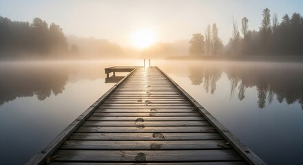 Serene Sunrise: Footprints on Misty Lake Pier