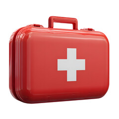 Obraz premium Red First Aid Kit: A striking close-up of a quintessential red first aid kit, boldly displaying a white cross symbol. It is a universally recognized emblem of safety and aid.