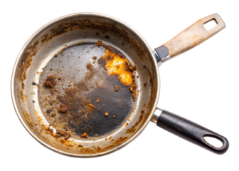 a dirty pan with a handle on a white background Cutout on white background PNG.AI Generated.