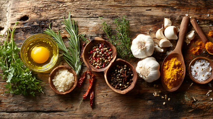 Rustic overhead shot of assorted spices, herbs, garlic, and egg yolk in olive oil, arranged on weathered wood.