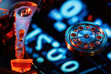 A hard disk with a blue binary code