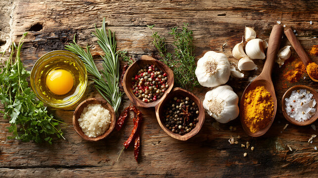 Rustic overhead shot of assorted spices, herbs, garlic, and egg yolk in olive oil, arranged on weathered wood.