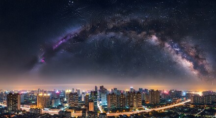 The Milky Way galaxy arcs over a vibrant nighttime city skyline