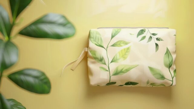 A bag with a unique green leaf print design placed beside a lush plant