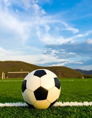 Soccer ball on field against a clear sky