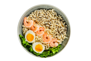 Noodles  shrimp and vegetables tasty seafood snack fresh delicious gourmet food background on the table rustic food top view copy space vegetarian food