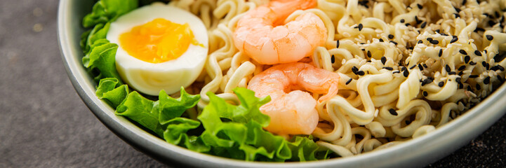 Noodles  shrimp and vegetables tasty seafood snack fresh delicious gourmet food background on the table rustic food top view copy space vegetarian food