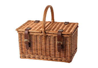 A rectangular wicker picnic basket with brown leather straps is highlighted against a black backdrop.