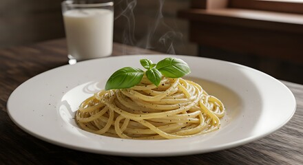 Creamy Spaghetti Cacio e Pepe with Basil and Milk Italian Pasta Dish on a Wood Table