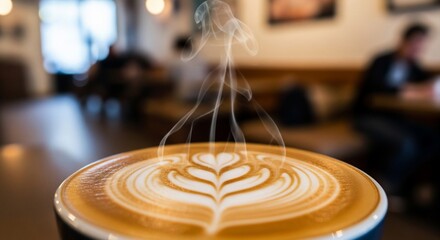Obraz premium Steaming Latte Art Heart Design with Soft Bokeh Background in Cozy Cafe