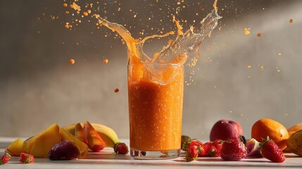 Refreshing vibrant orange fruit smoothie with splash in glass surrounded by fresh berries and peaches