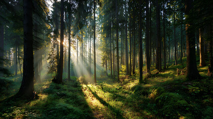Serene Sunrise in a Misty Evergreen Forest: Magical Sunbeams Illuminate Lush Undergrowth
