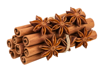 A collection of cinnamon sticks and star anise, tied together with twine, presented on a rich black background.