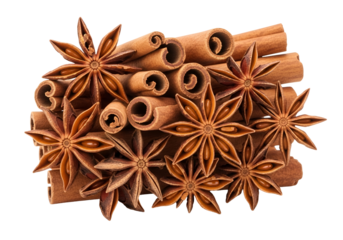 A close-up arrangement of cinnamon sticks and star anise, showcasing warm, rich colors against a stark black backdrop.