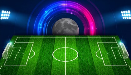 Soccer field at night under a moon, stadium lights