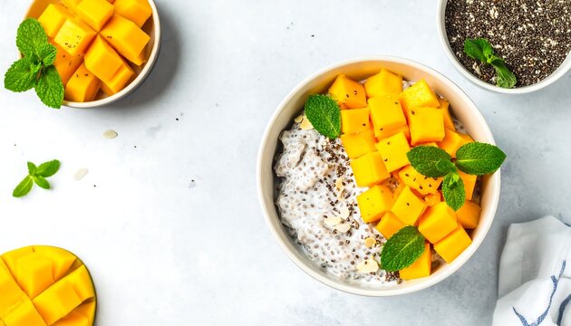 Mango chia pudding with fresh mint and diced mango.