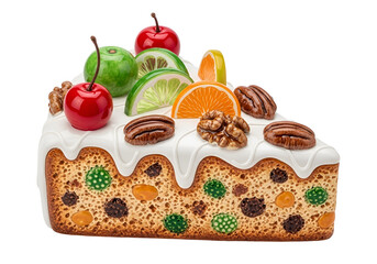 A delectable slice of fruitcake, adorned with vibrant cherries, citrus fruits, and nuts, is showcased against a stark black background.