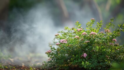 Pink flowers in a garden, misty atmosphere