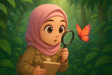 3D Cartoon Muslim Girl with Hijab Exploring Butterfly in Tropical Forest