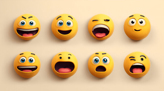 Eight 3D Rendered Emojis Showing Diverse Expressions: Joy, Surprise, Shock, and Laughter;  Bright Yellow, Playful Mood.