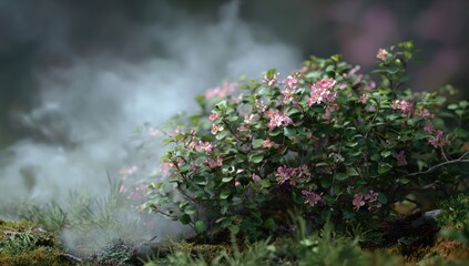Pink flowers in a misty forest