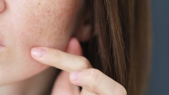 Freckles close-up, young woman's face with freckles, pigmentation problem