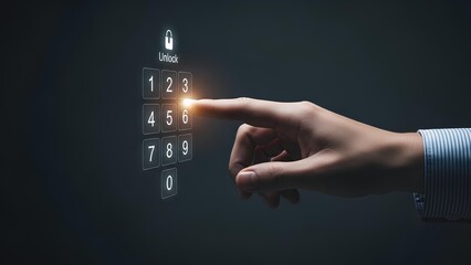 Hand touching virtual numerical keypad unlock access security data protection