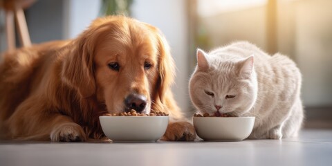 Fototapeta na wymiar Golden retriever and cat enjoying meal together in a cozy home environment during afternoon light
