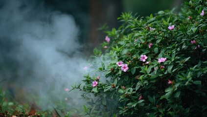 Pink flowers, misty smoke, lush greenery