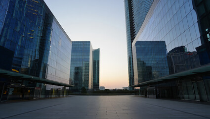 Naklejka premium Modern glass skyscrapers at sunset 