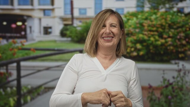 Caucasian woman holds up both hands palms up on quiet urban street near building entrance; uncertainty.