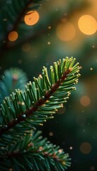 Close-up of glittering pine boughs with warm light bokeh effect , holiday, background