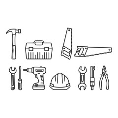 Obraz premium Construction Tools Icons Set with Hammer Screwdriver Saw Toolbox Safety Helmet and Pliers Line Art Vector Illustration
