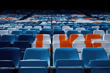 Naklejka premium Empty stadium seats, a sea of blue and white