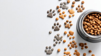 Fototapeta na wymiar Pet food scattered alongside paw prints on a clean surface creates a playful atmosphere for animal lovers and pet owners