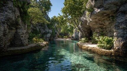 Naklejka premium Calm river flows between rocks, trees around. Tourism, travel, nature, vacation
