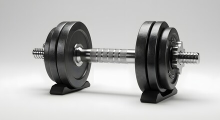 Naklejka premium Dumbbell for Bodybuilding: A close-up shot of a sleek, black dumbbell, meticulously crafted with metal plates, perfectly balanced and ready for a challenging workout.