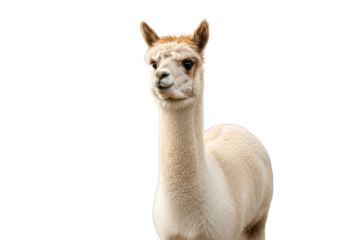 Close-up of a charming alpaca, showcasing its soft, light beige fur and expressive face against a stark black background.