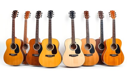 Fototapeta premium Six acoustic guitars arranged in a row on white, professional and clean composition.