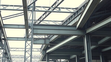 Obraz premium Abstract industrial steel beams create striking patterns in natural construction lighting.