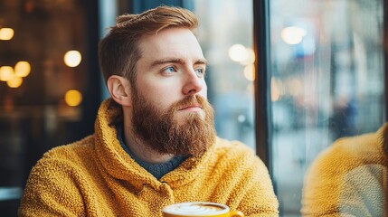 Young man enjoying a cup of coffee in a trendy cafe, looking contemplative, soft window light, urban