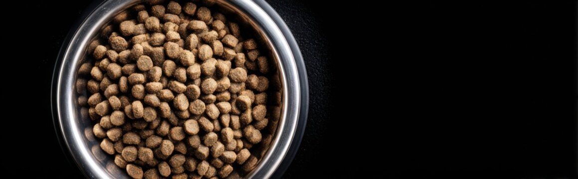Pet food bowl filled with dry kibbles for dogs or cats placed against a dark background