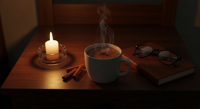 Cozy autumn scene with coffee, candle, cinnamon, and glasses on a book. Perfect for fall, cozy nights, relaxation, mindfulness, self-care, and reading themes.