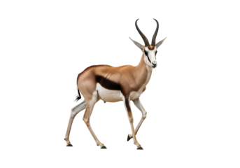 A springbok antelope, showcasing its graceful posture against a striking black background.