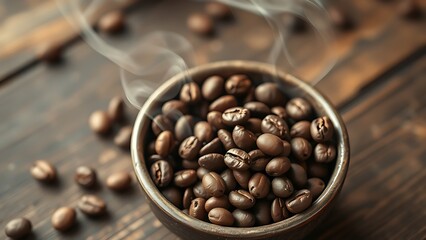 Fototapeta premium Freshly roasted coffee beans in a bowl, steaming with warmth, evoking a cozy rustic atmosphere.