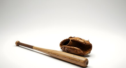Baseball Essentials: A close-up shot of a weathered baseball bat and glove laid out, evocative of summer days, sports, and the thrill of the game.