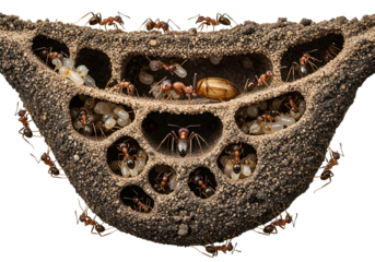 Close-up view of an ant colony nest, showcasing numerous ants tending to eggs and larvae within intricate, interconnected chambers.