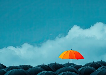 A single vibrant umbrella stands out amidst a sea of similar ones