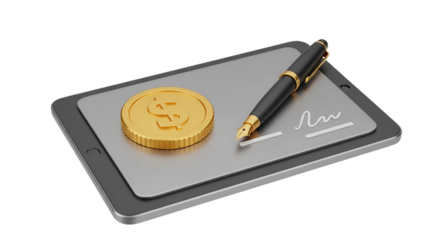 Golden Dollar Coin on Tablet Device with Pen Representing Financial Agreement and Digital Signature Concept in Business and Investment